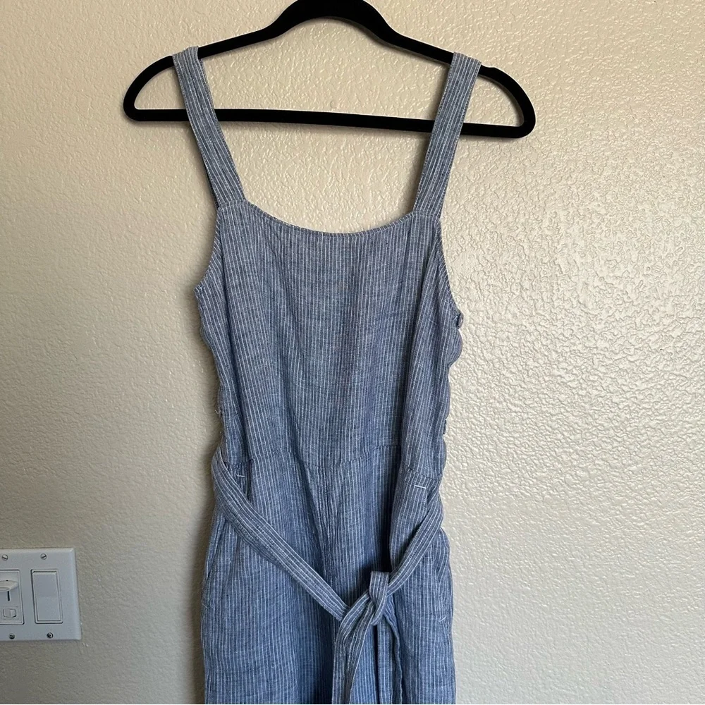 EVERLANE The Linen Side-button Blue White Straight Leg Jumpsuit Size 2